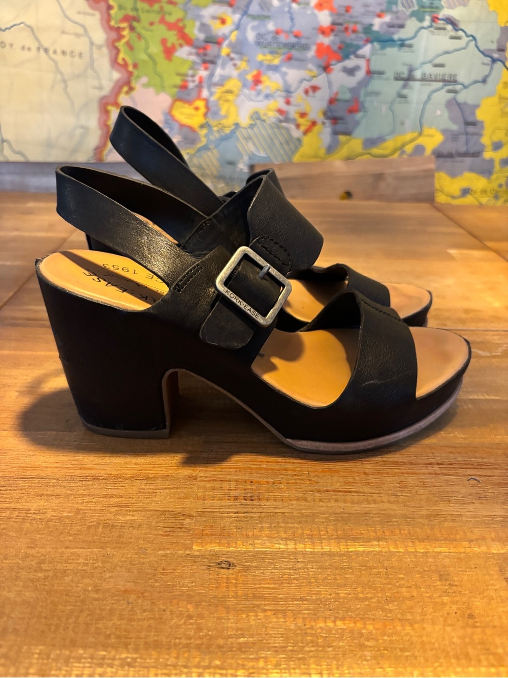 Kork-Ease Black Leather Slingback Wedge Sandals